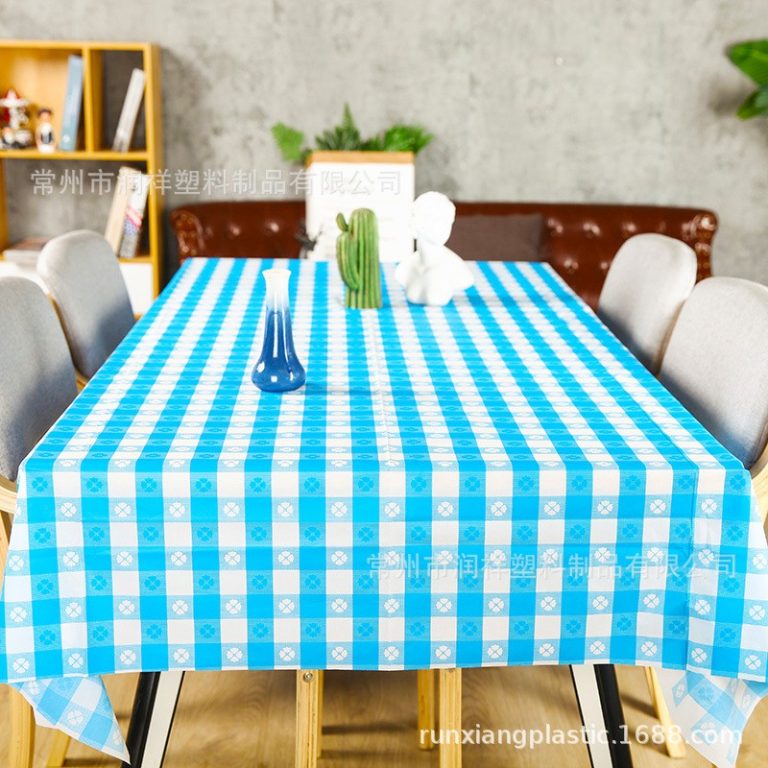 Blue and white flower checkered plastic tablecloth