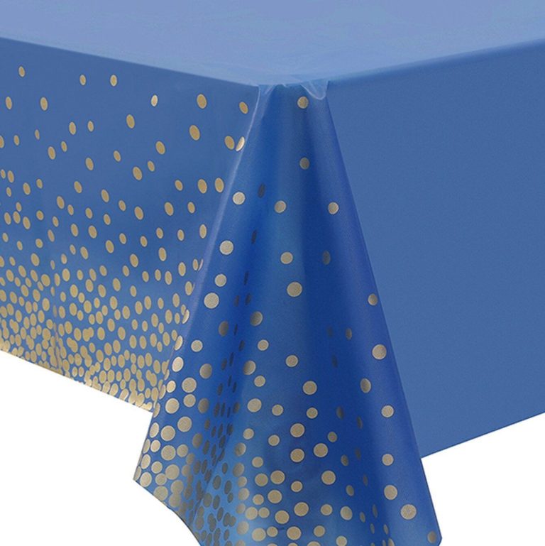 Blue & gold dot plastic tablecloth