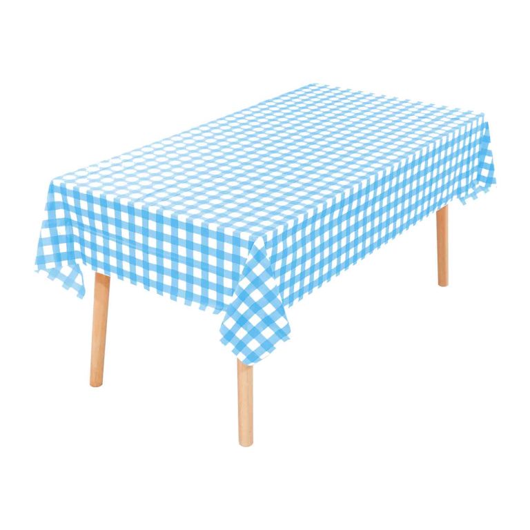 Light blue checkered plastic tablecloth