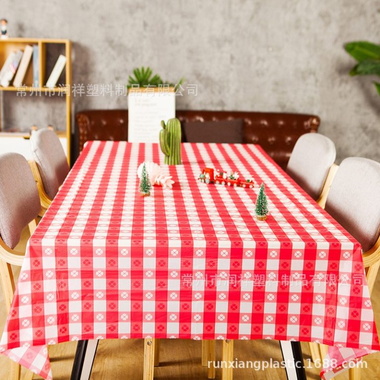 Red and white flower checkered plastic tablecloth