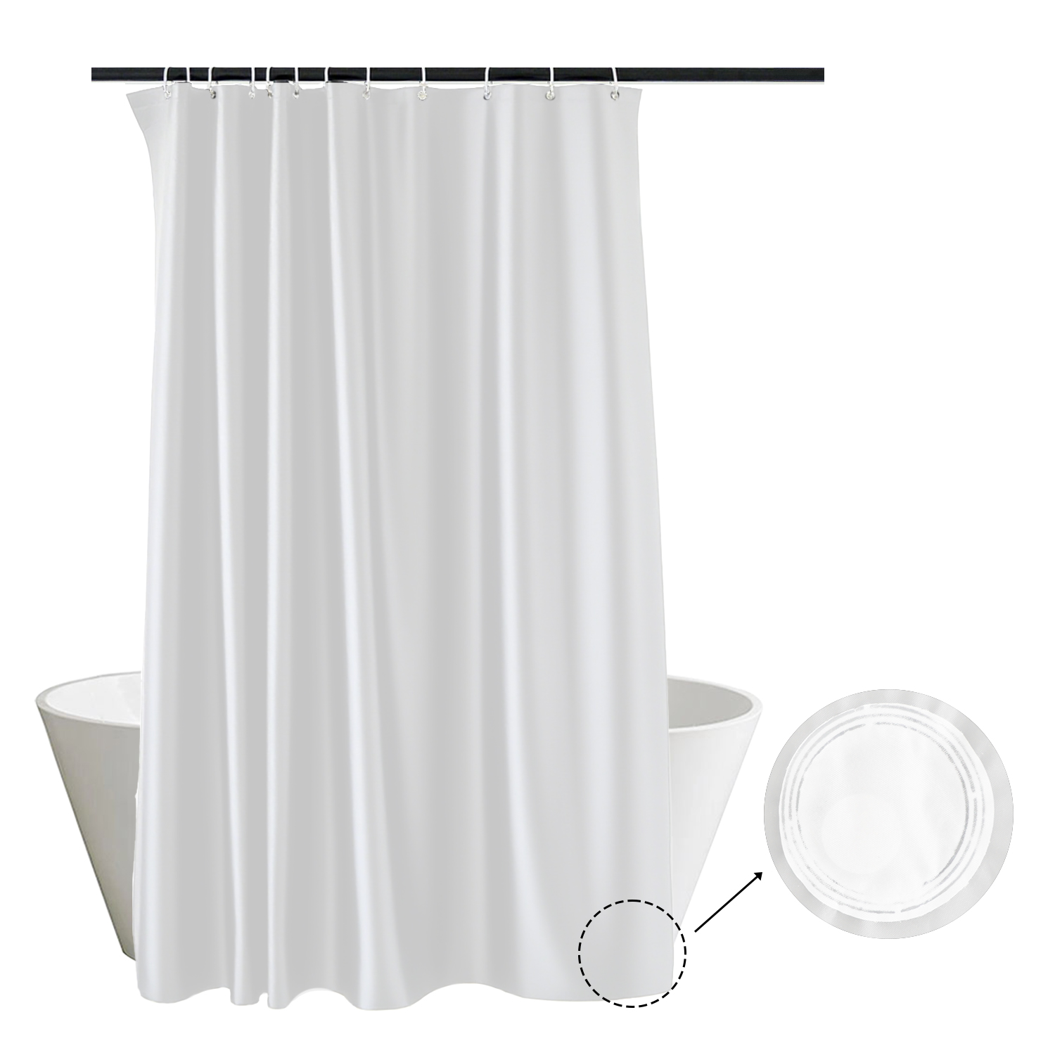 white PEVA hotel shower curtain liner with three hem magnets