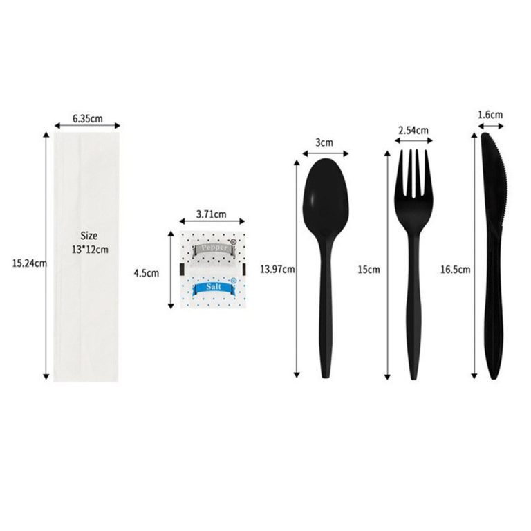 Black plastic cutlery set with spoon and fork, including salt and pepper shaker