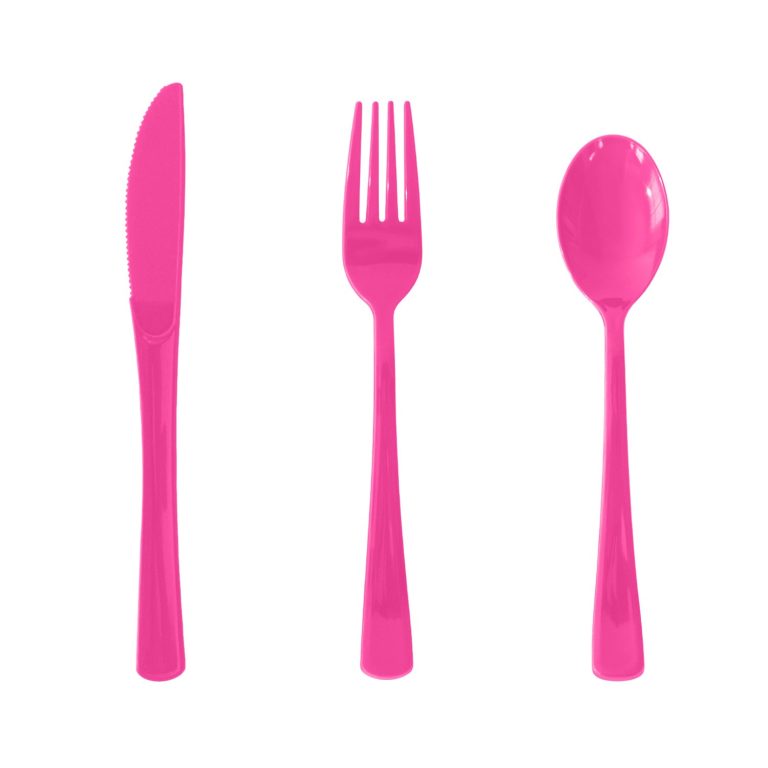 Hot-pink Plastic knife, fork, and spoon