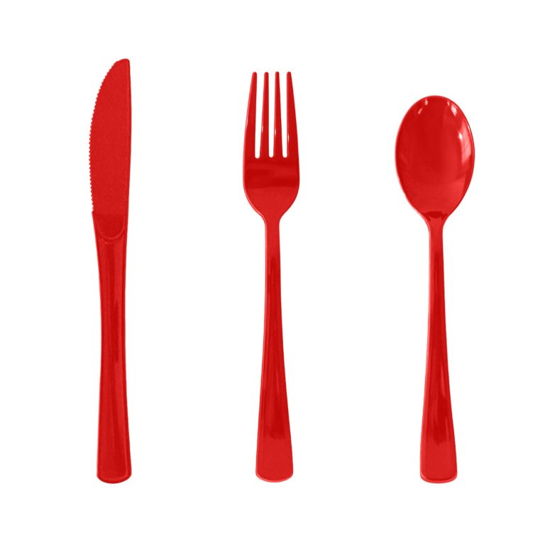 Red Plastic knife, fork, and spoon