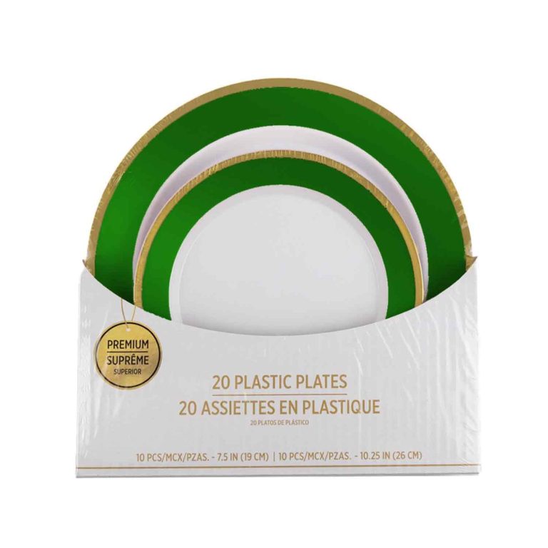 7in&9in Green Gold Border 20 PLASTIC PLATES Set