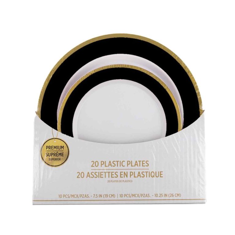 7in&9in black Gold Border 20 PLASTIC PLATES Set