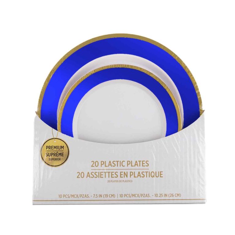 7in&9in blue Gold Border 20 PLASTIC PLATES Set