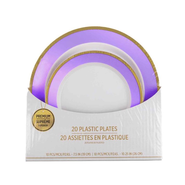 7in&9in purple Gold Border 20 PLASTIC PLATES Set