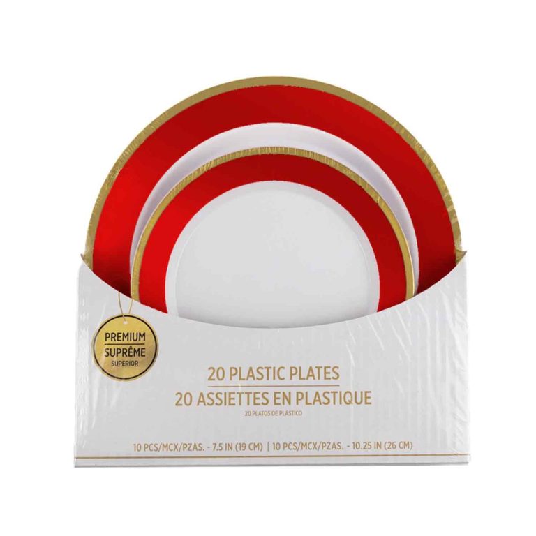 7in&9in red Gold Border 20 PLASTIC PLATES Set