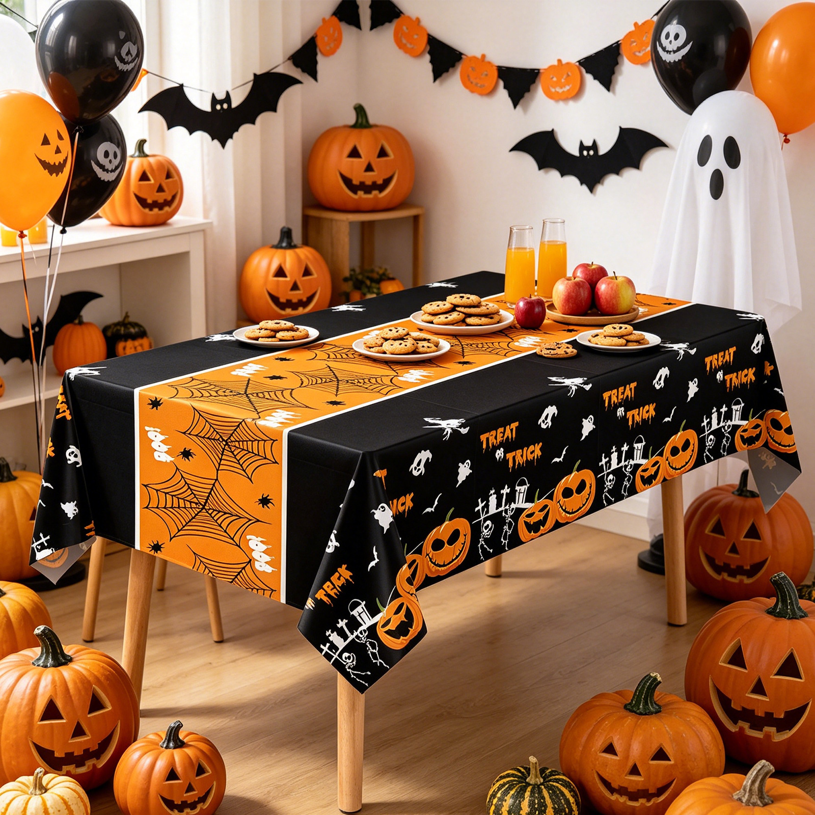 Black printed Halloween plastic tablecloth with trick or treat print on a decorated party table