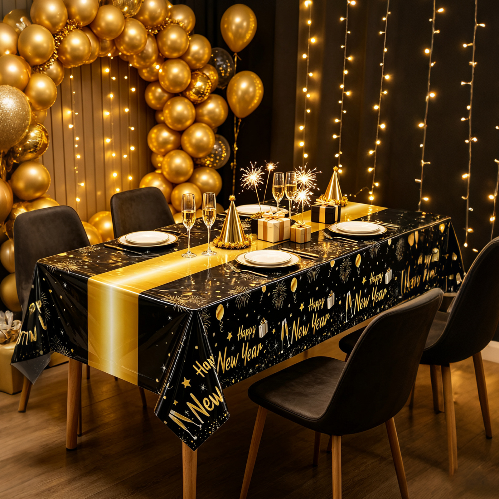 Happy New Year printed PEVA tablecloth - black and gold design