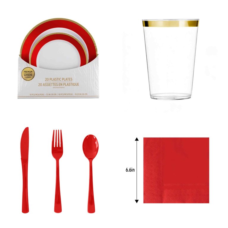 Retail-ready party kit with plastic plates, cups, cutlery and napkins