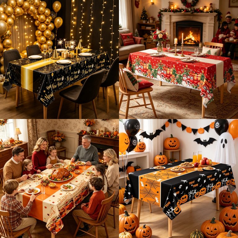 Printed PEVA holiday tablecloths collection - Halloween Thanksgiving Christmas New Year