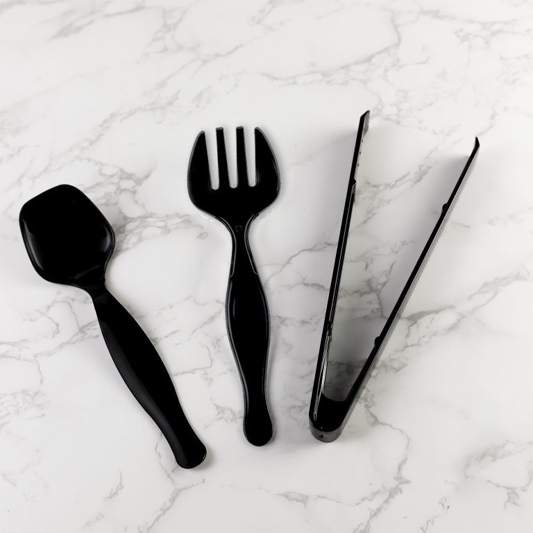 Black plastic serving spoon, serving fork and tongs wholesale set