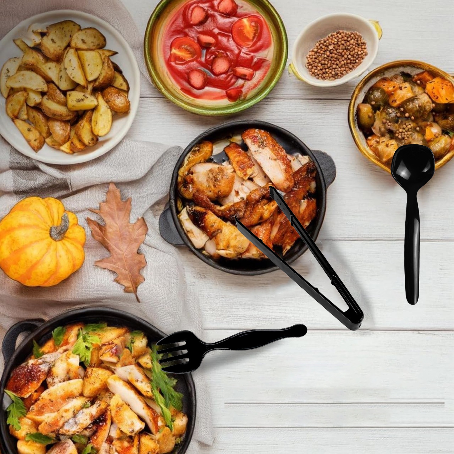 Plastic serving utensils used for buffet and catering dishes