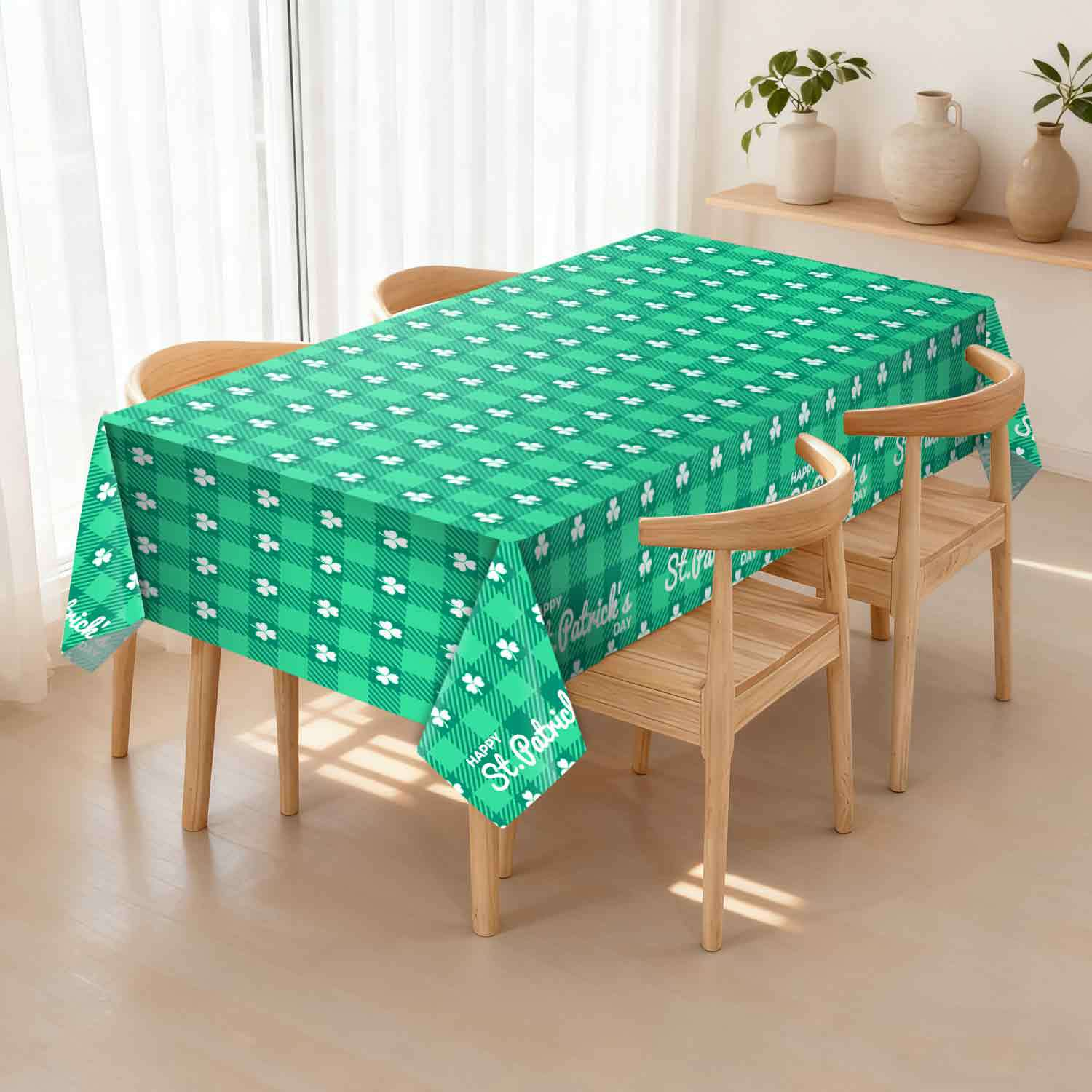 St Patrick's Day shamrock printed plastic tablecloth green gingham design
