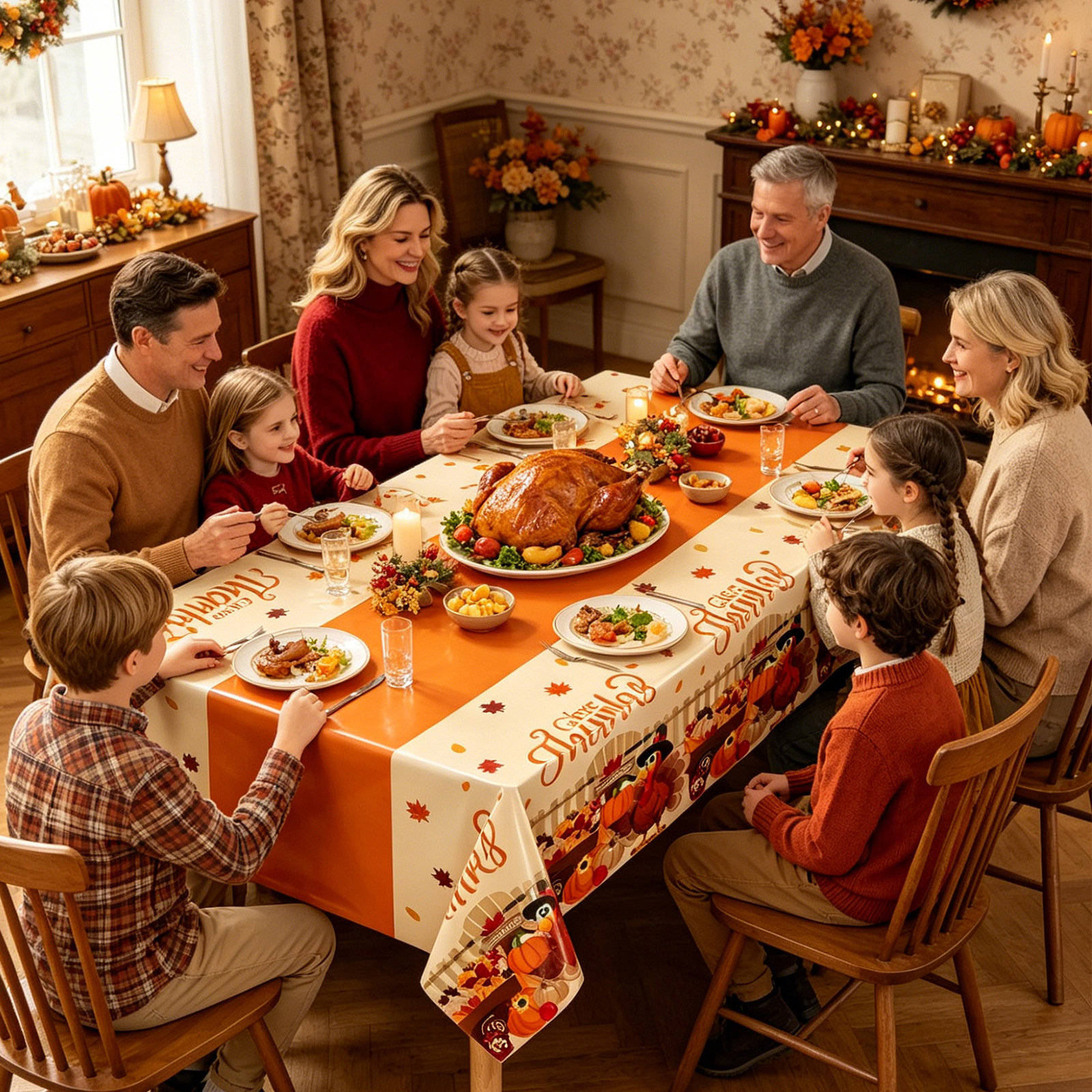 Thanksgiving PEVA plastic tablecloth with a turkey print on an autumn orange background