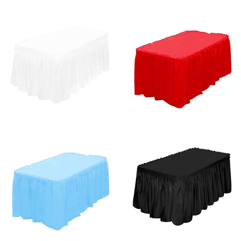 PEVA plastic table skirt panels in white, red, light blue and black for wholesale table skirting