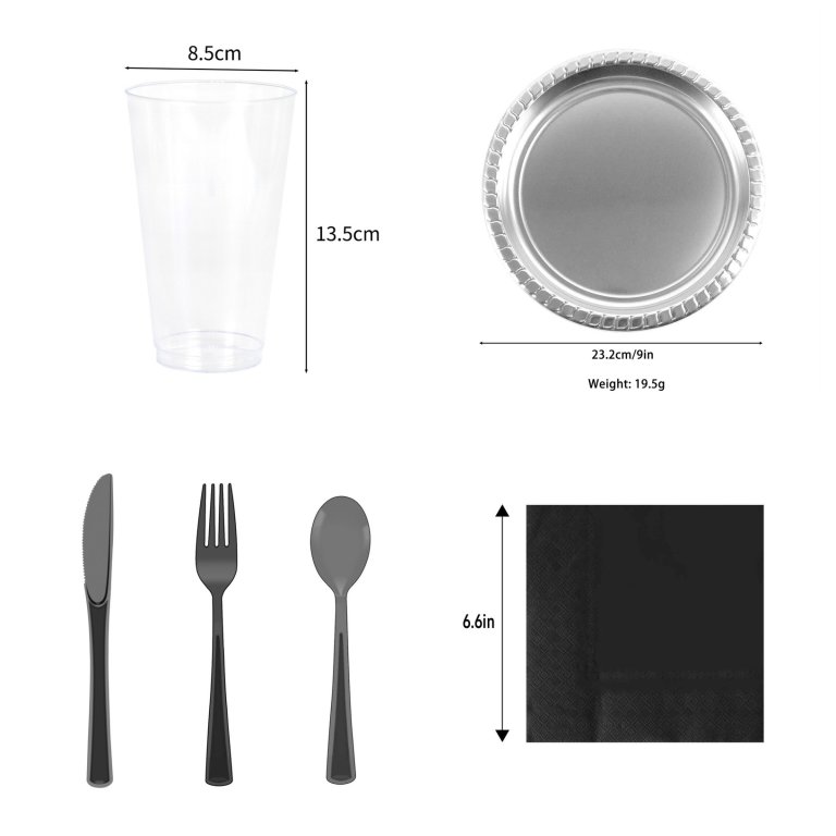 Disposable tableware first order for a cafe: plastic cups, plates, cutlery and napkins