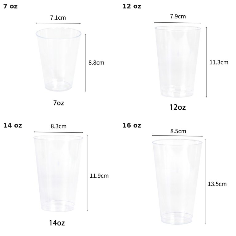 Disposable plastic cups size ladder 7 oz 12 oz 14 oz 16 oz wholesale