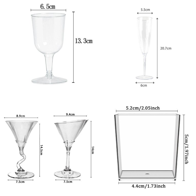 Disposable plastic glasses range: wine glass, champagne flute, martini glass and dessert cup