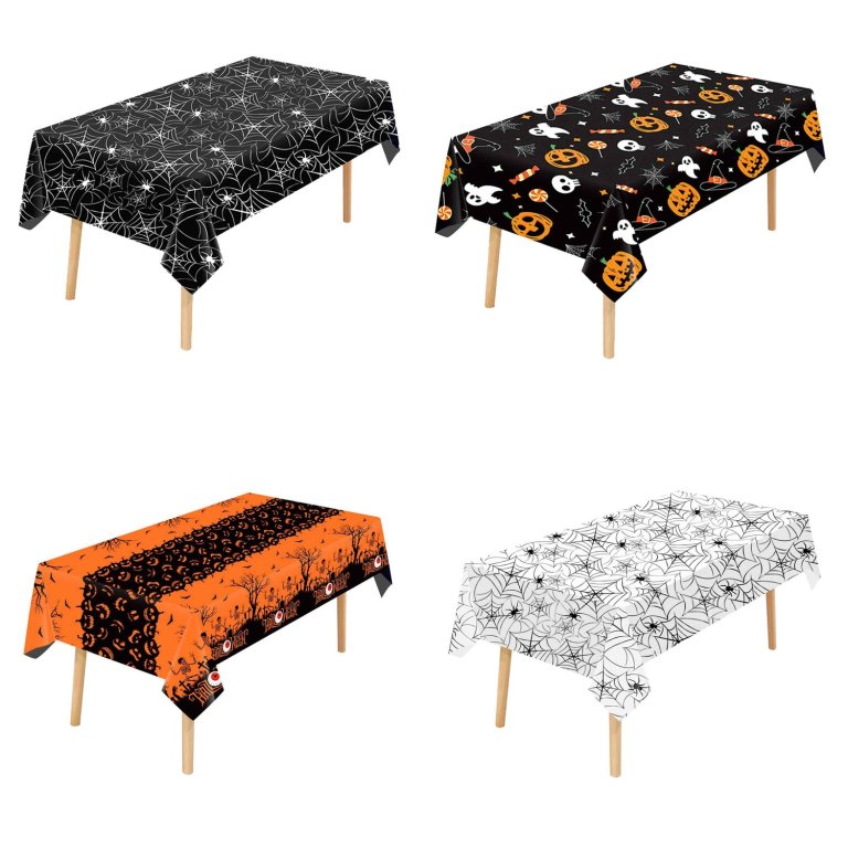 Halloween plastic tablecloth prints: black spider web, pumpkin and ghost, orange pumpkin and ghost, white spider web