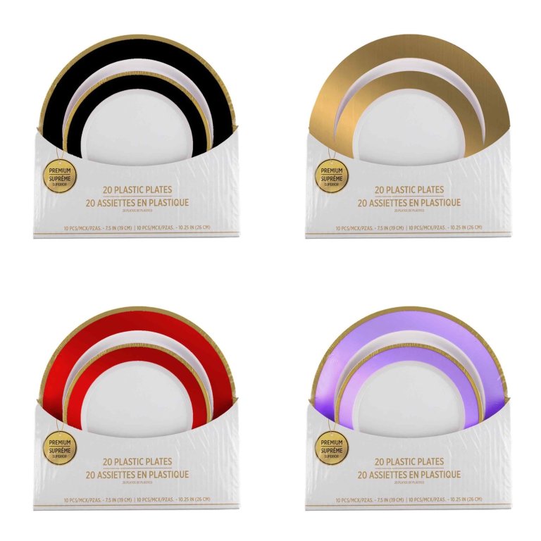 Colour-coordinated plastic party tableware sets: gold-bordered plates in black, gold, red and purple