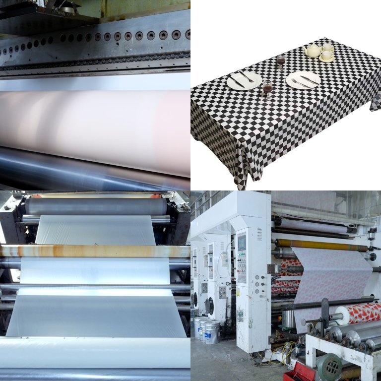 Plastic tablecloth rolls range: master film rolls, checkerboard prints, extrusion line and printing press